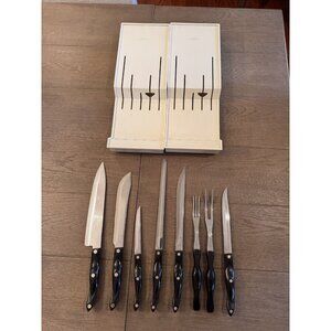 VTG Cutco Brown Handle Knife Set Of 8 Wall Mount Chef Butcher Knife Forks EUC